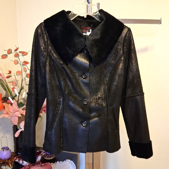 NWT Simon Chang Women's Black Faux Leather Petite Jacket with Pockets - Picture 12 of 13